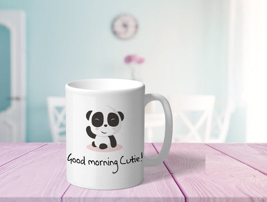Panda Tasse mit Spruch Good morning cutie bedruckter Kaffeebecher mit Bärchen - Tachinedas Kreativshop