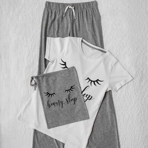 Pyjama Set mit Print bedruckter Schlafanzug mit Wimpern T-Shirt und lange Hose grau weiß - Tachinedas Kreativshop