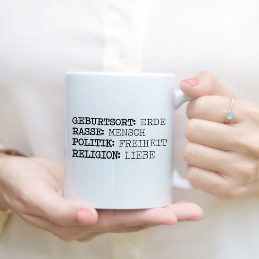 Tasse mit Spruch Steckbrief Religion Liebe Freiheit Erde Mensch - Tachinedas Kreativshop