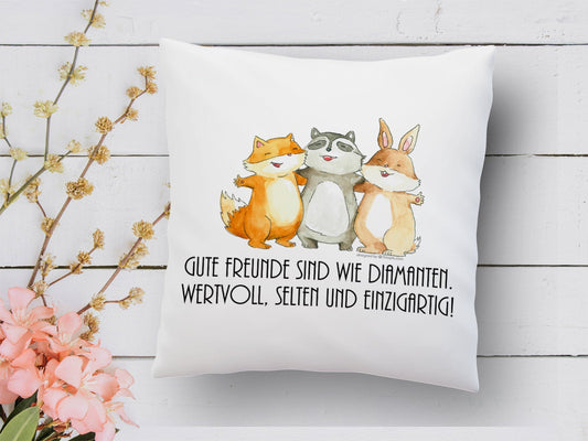 Kissen mit Tiermotiv und Spruch Gute Freunde sind wie Diamanten - Tachinedas Kreativshop