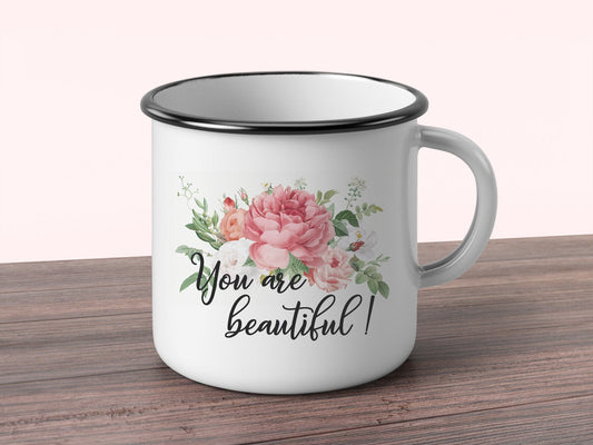 Nostalgie Tasse mit Rosen Emaille Tasse mit Spruch You are beautiful shabby chic - Tachinedas Kreativshop