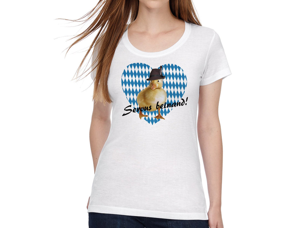 Damen Trachten T-Shirt mit Print Ente und bayrischem Spruch Servus beinand - Tachinedas Kreativshop
