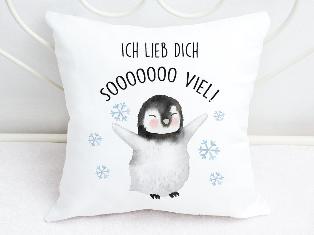 Kissen mit Pinguin und Spruch Ich lieb dich so viel  40x40 cm weiß Valentinstag - Tachinedas Kreativshop