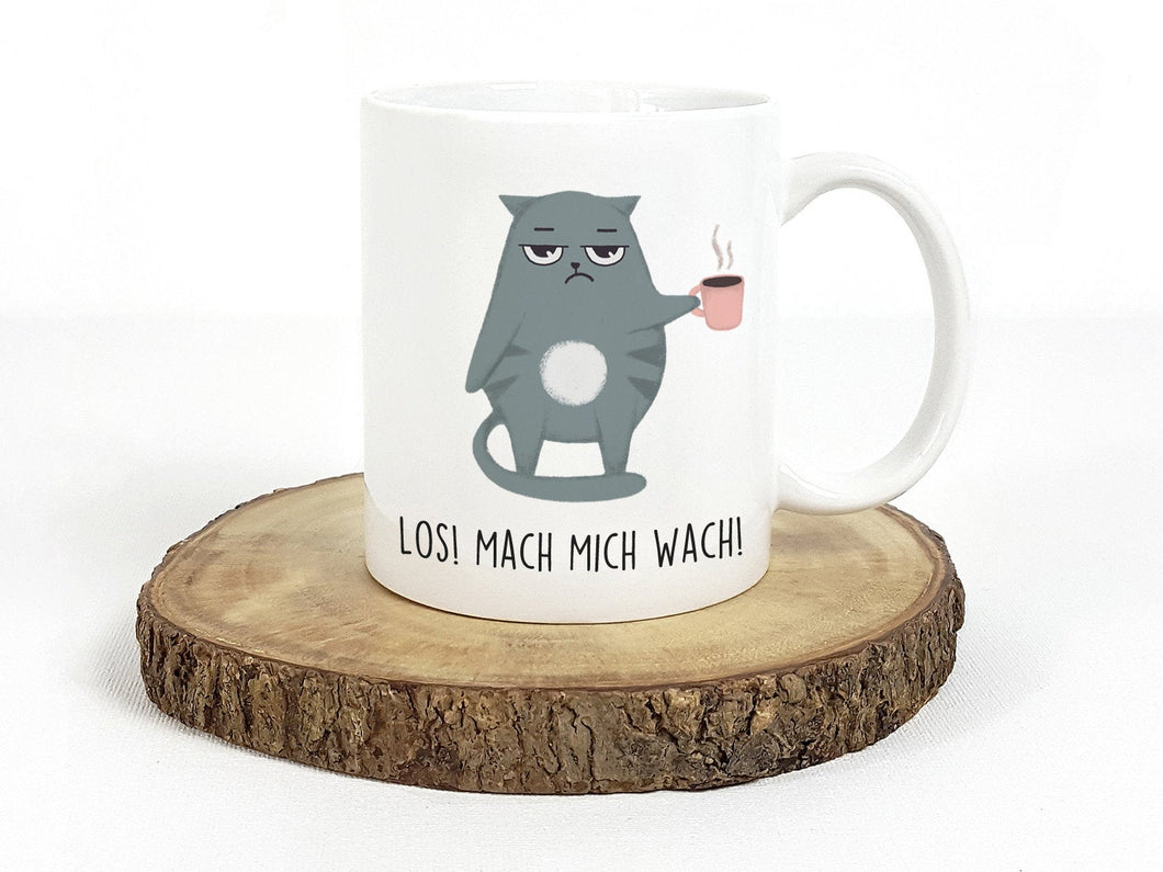 Tasse mit Katze und Spruch Los Mach mich wach - Tachinedas Kreativshop