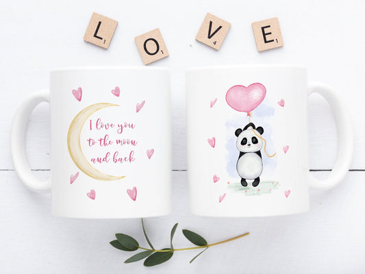 Bedruckte Kaffeetasse mit Panda und Spruch I love you to the moon and back - Tachinedas Kreativshop