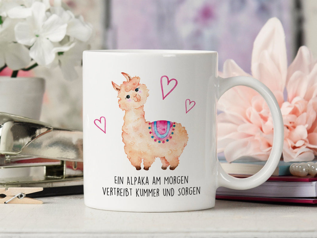 Bedruckte Kaffeetasse mit Spruch Ein Alpaka am Morgen vertreibt Kummer und Sorgen - Tachinedas Kreativshop