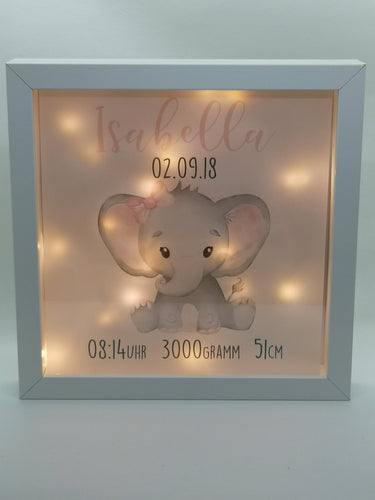 Beleuchteter Bilderrahmen personalisiert Leuchtrahmen Elefant Geschenk zur Geburt oder Taufe mit Namen Datum Mädchen Leuchtbild Nachtlicht - Tachinedas Kreativshop