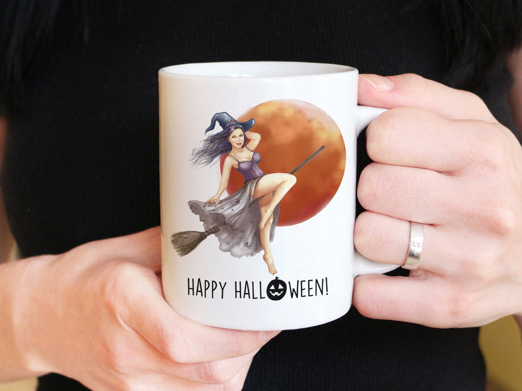 Bedruckte Halloween Tasse mit Hexe auf Besen Happy Halloween Kaffeebecher - Tachinedas Kreativshop