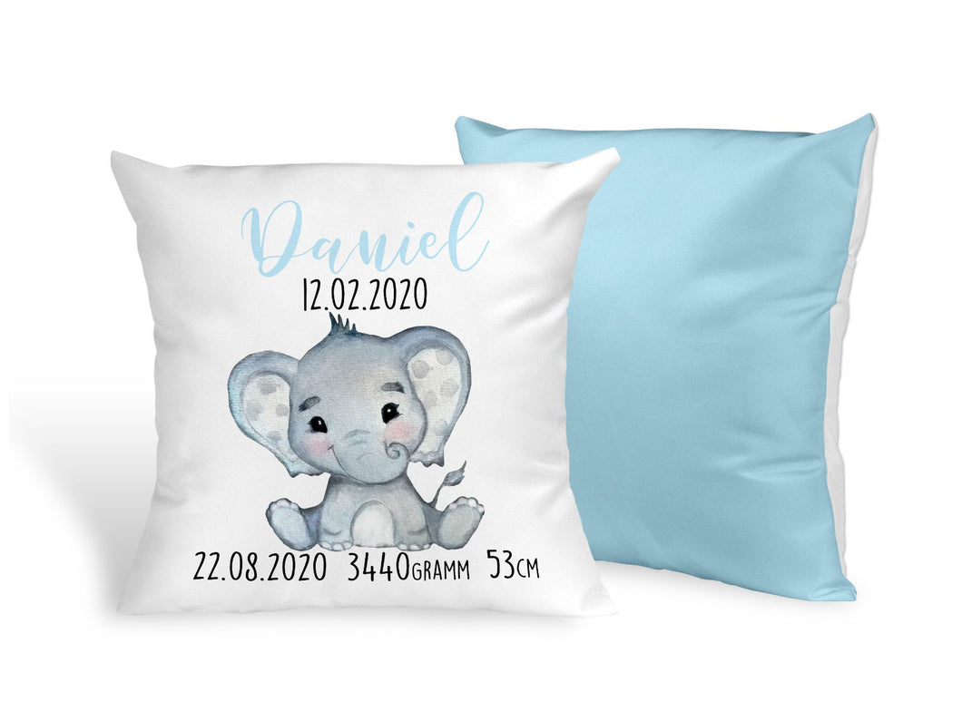 Personalisiertes Kissen mit Elefant Geschenk zur Geburt oder Taufe mit Namen und Datum Junge - Tachinedas Kreativshop