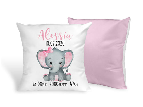 Personalisiertes Kissen mit Elefant Geschenk zur Geburt oder Taufe mit Namen und Datum Mädchen - Tachinedas Kreativshop