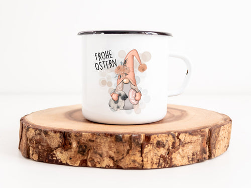Wichteltasse Emaille Tasse mit Spruch Frohe Ostern bedruckter Kaffeebecher mit Wichteln - Tachinedas Kreativshop