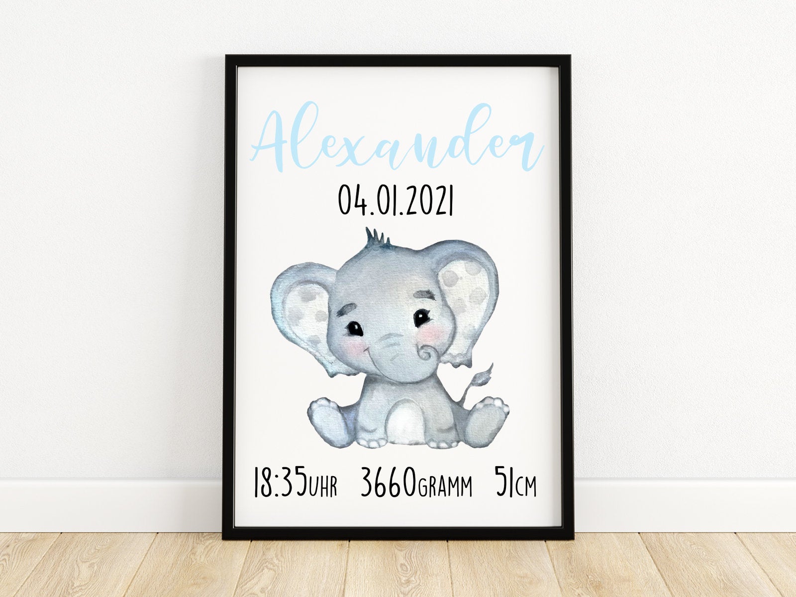 Personalisiertes Poster Geschenk zur Geburt mit Baby Elefant A3 Poster Kunstdruck Wallart Geschenkidee zur Taufe Junge Druck - Tachinedas Kreativshop