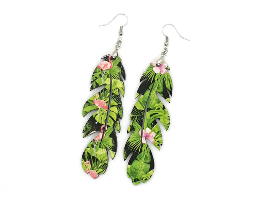 Damen Ohrhänger in Blattform aus Holz mit Palmenmotiv Ohrringe Palmen bedruckt Dschungel Sommer Ohrschmuck Flamingo Orchidee grün rosa - Tachinedas Kreativshop