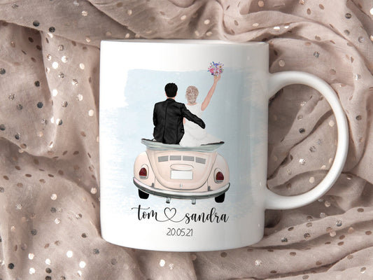 Personalisierte Tasse zur Hochzeit Partnertasse Hochzeitstasse bedruckt mit Namen und Datum Pärchentasse mit Motiv - Tachinedas Kreativshop