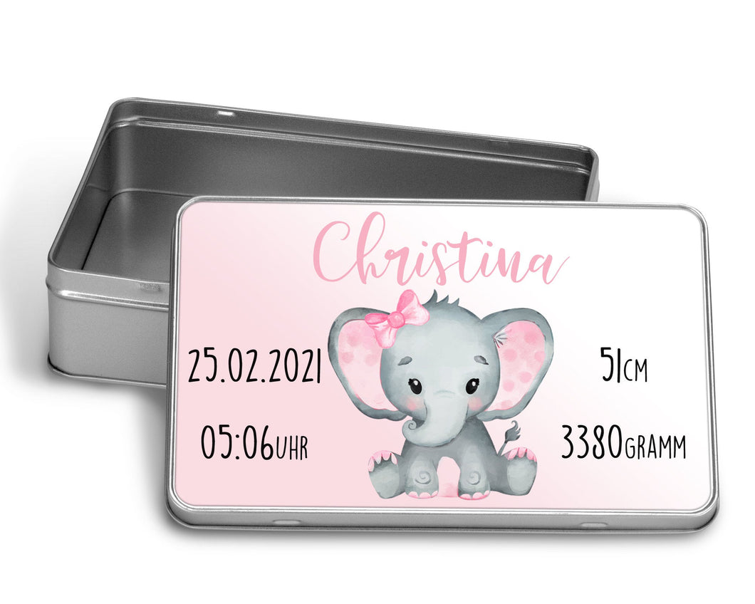 Personalisierte Baby Erinnerungsbox zur Geburt mit Namen und Datum Elefant Erinnerungskiste Taufe Geschenkschachtel Metalldose Taufgeschenk - Tachinedas Kreativshop