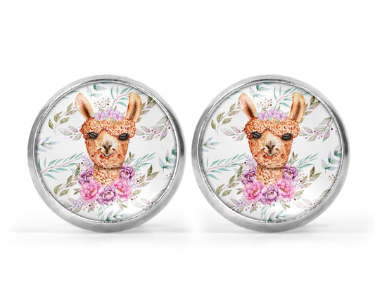 Damen Ohrstecker mit Motiv Lama Alpaka Ohrringe Edelstahl silber rosa Ohrschmuck Cabochon Tiermotiv - Tachinedas Kreativshop