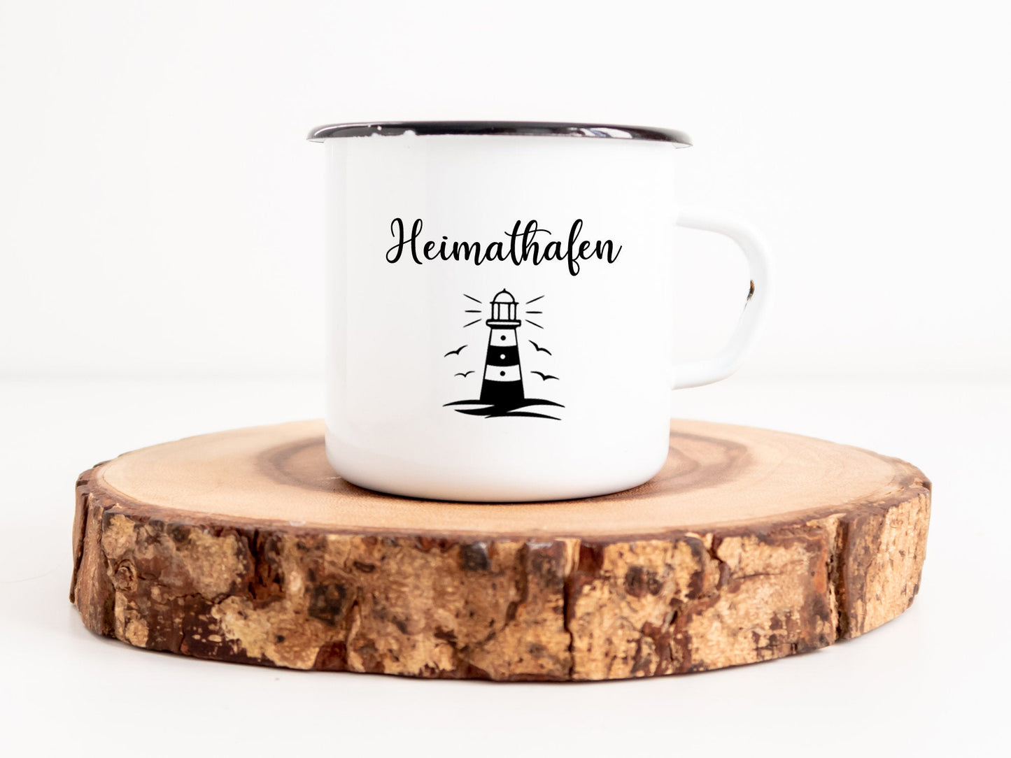 Bedruckte Emaille Tasse maritim mit Spruch Heimathafen Leuchtturm nautisch - Tachinedas Kreativshop