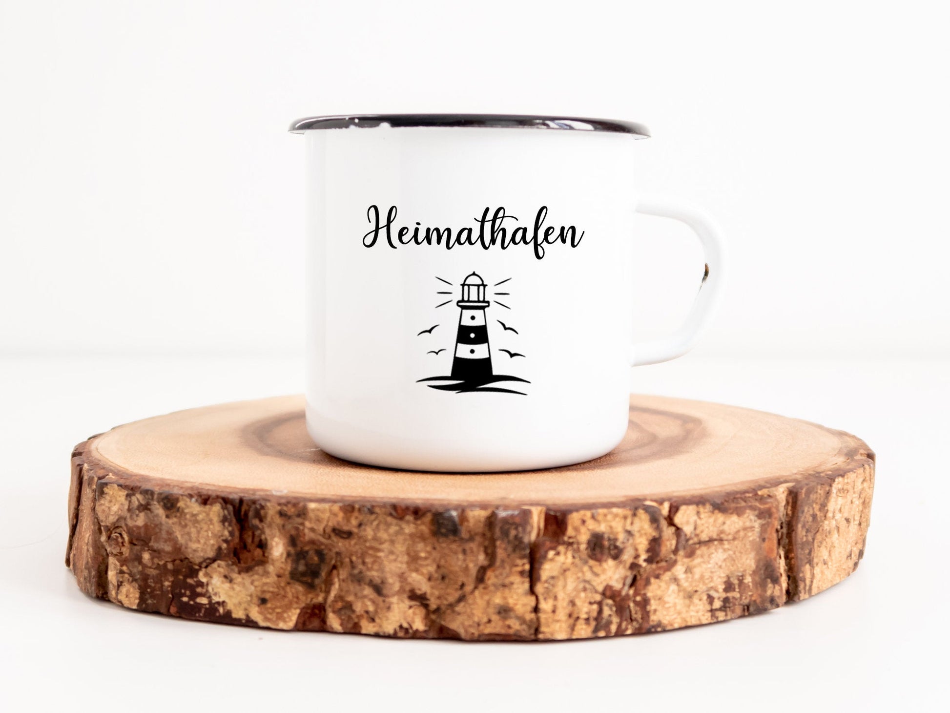 Bedruckte Emaille Tasse maritim mit Spruch Heimathafen Leuchtturm nautisch - Tachinedas Kreativshop