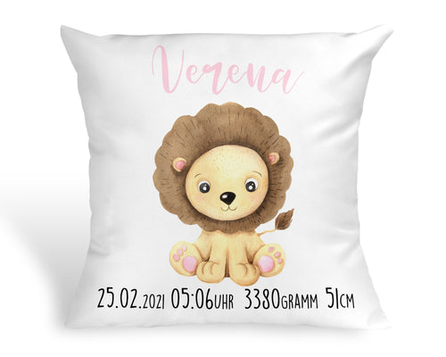 Personalisiertes Kissen mit Baby Löwe Geschenk zur Geburt oder Taufe mit Namen und Datum Mädchen Baby Babykissen - Tachinedas Kreativshop