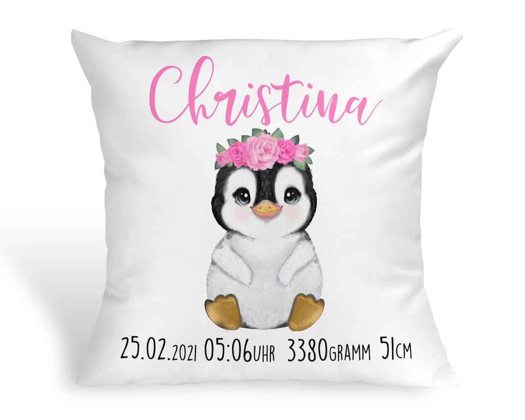Personalisiertes Kissen mit Baby Pinguin Geschenk zur Geburt oder Taufe mit Namen und Datum Mädchen Baby Babykissen - Tachinedas Kreativshop