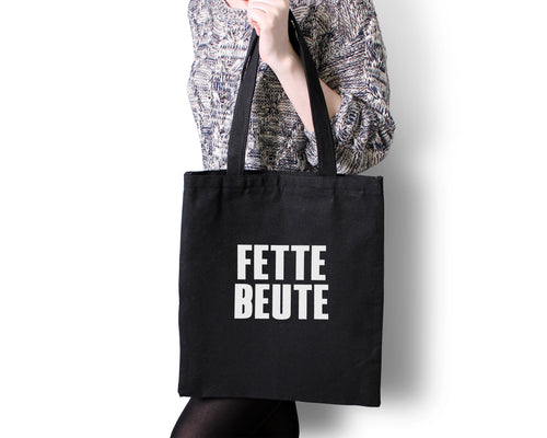 Baumwolltasche mit Spruch Fette Beute schwarz weiß Stofftasche Einkaufstasche bedruckt mit Motiv - Tachinedas Kreativshop