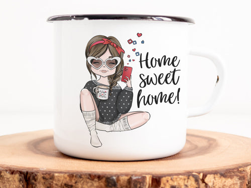 Emaille Tasse mit Motiv und Spruch Home sweet home bedruckter Kaffeebecher - Tachinedas Kreativshop