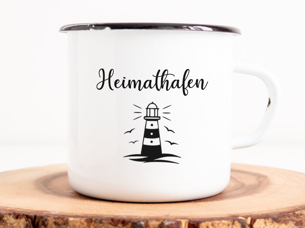 Bedruckte Emaille Tasse maritim mit Spruch Heimathafen Leuchtturm nautisch - Tachinedas Kreativshop