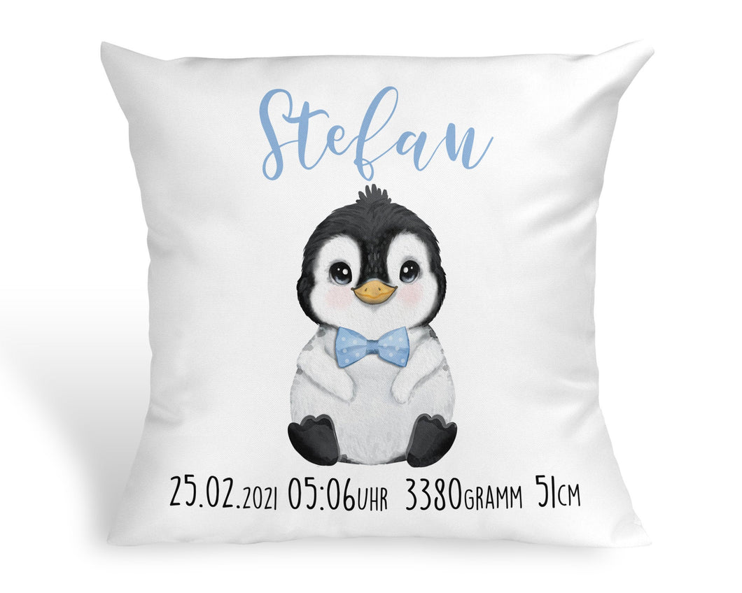 Personalisiertes Kissen mit Pinguin Geschenk zur Geburt oder Taufe mit Namen und Datum Junge Baby Babykissen - Tachinedas Kreativshop
