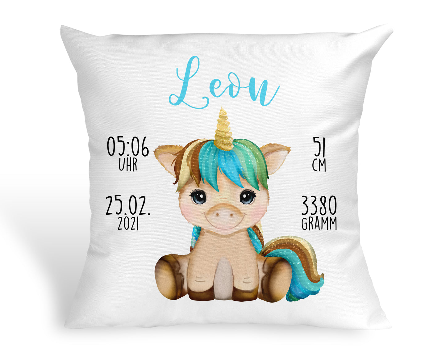 Personalisiertes Baby Kissen Einhorn Taufkissen Geschenk zur Geburt Taufe mit Namen und Datum