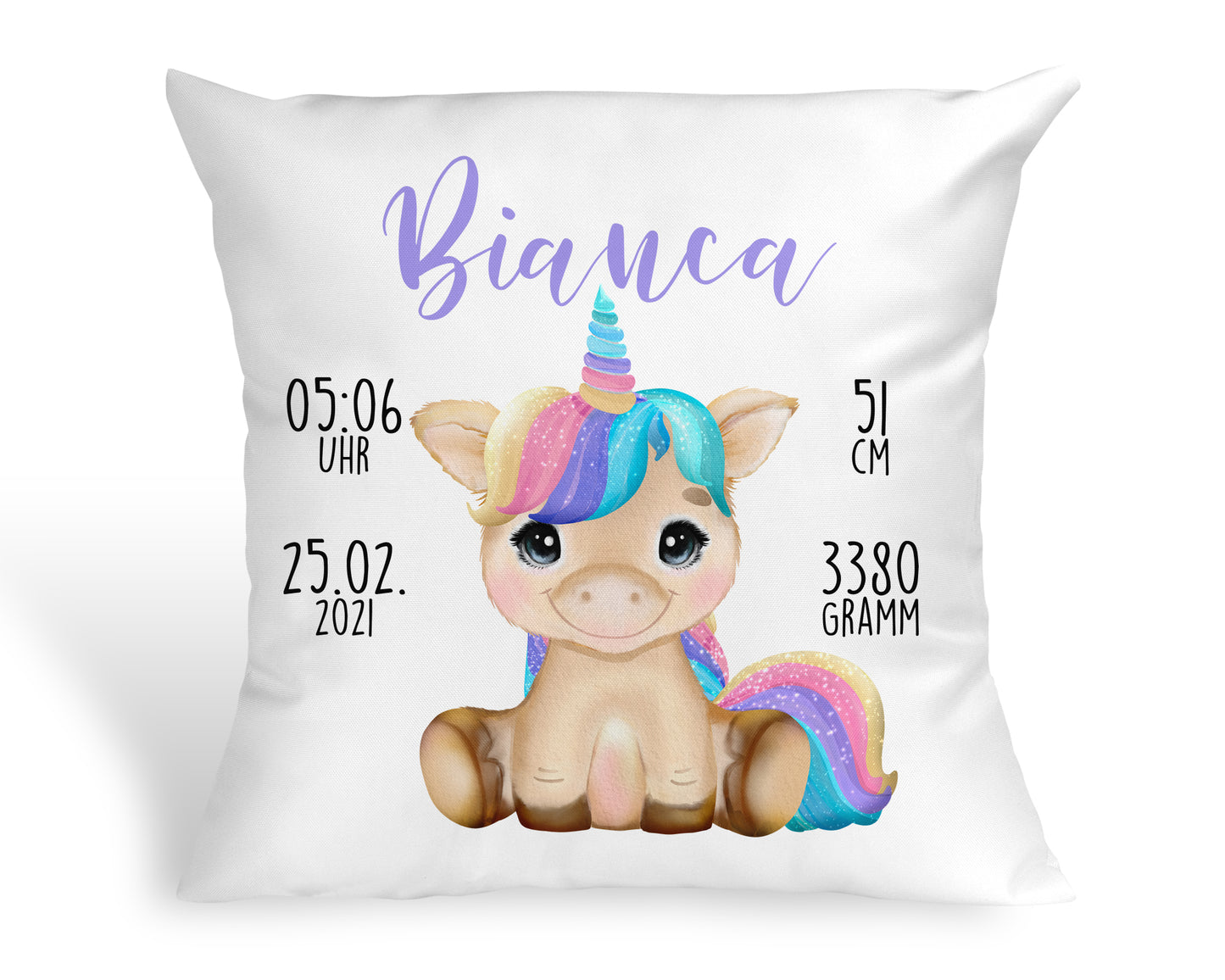 Personalisiertes Baby Kissen Einhorn Taufkissen Geschenk zur Geburt Taufe mit Namen und Datum