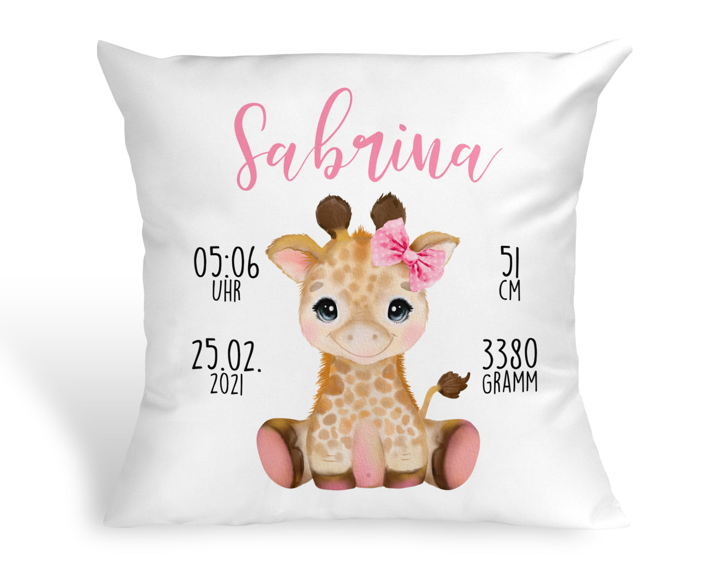 Personalisiertes Baby Kissen Giraffe Taufkissen Geschenk zur Geburt Taufe mit Namen und Datum