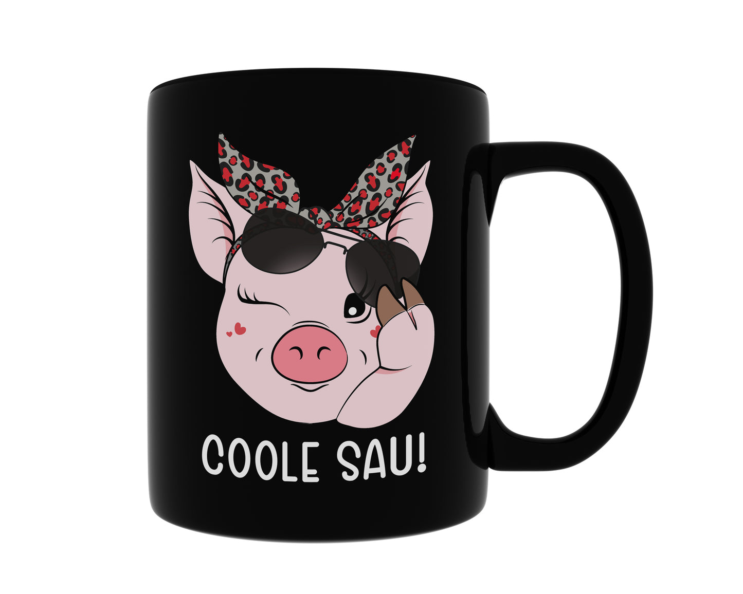 Schwarze Kaffeetasse mit Schwein und Spruch Coole Sau