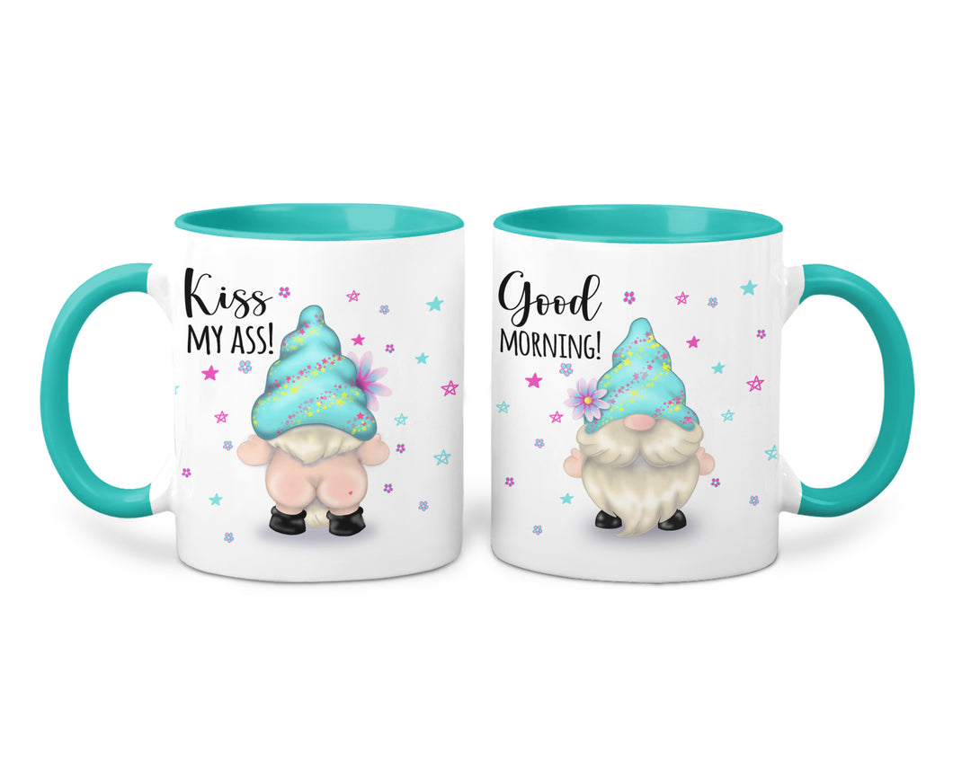 Kaffeetasse mit Wichtel und Spruch Good Morning / Kiss My Ass