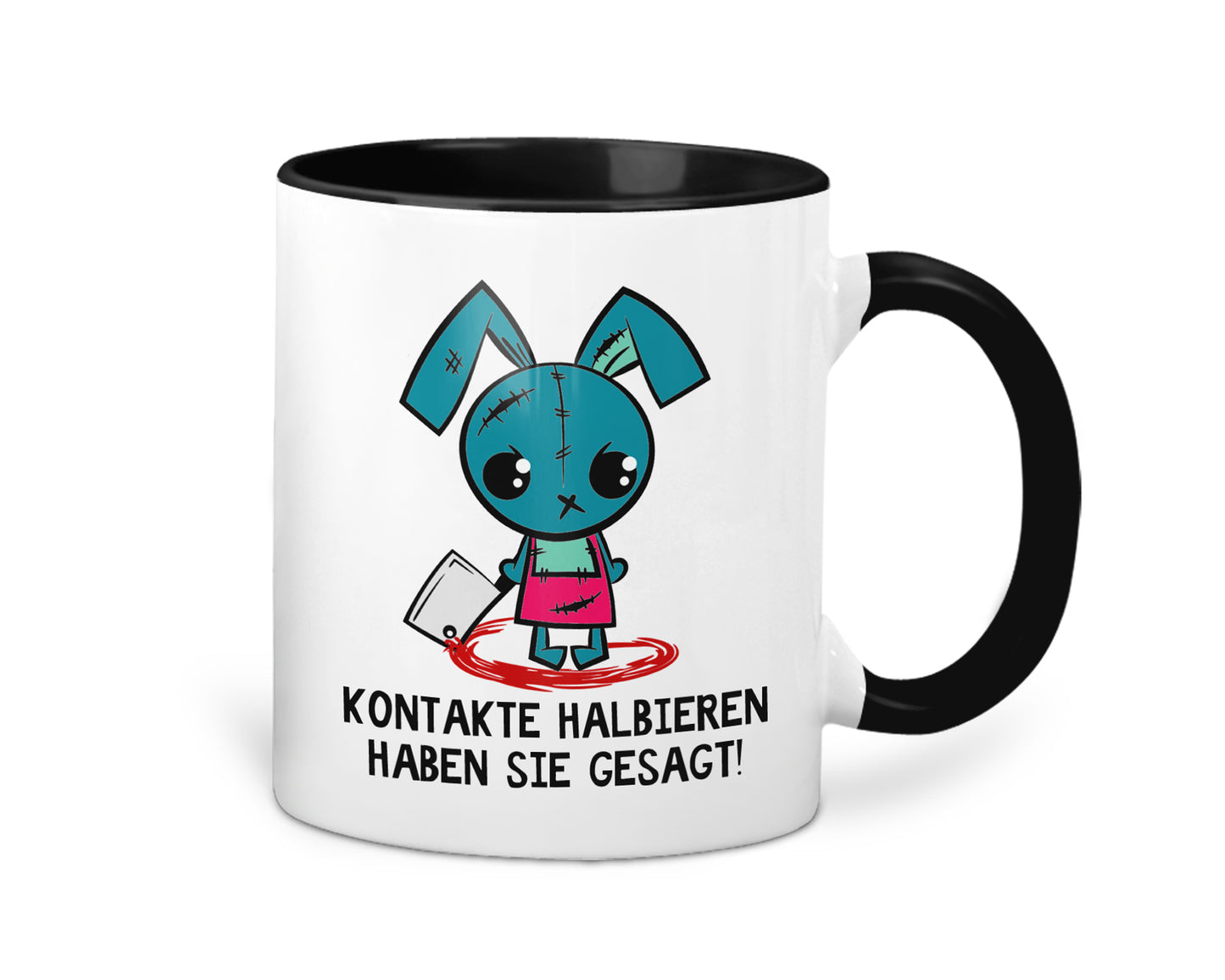 Kaffeetasse mit Killer Hase und Spruch Kontakte halbieren