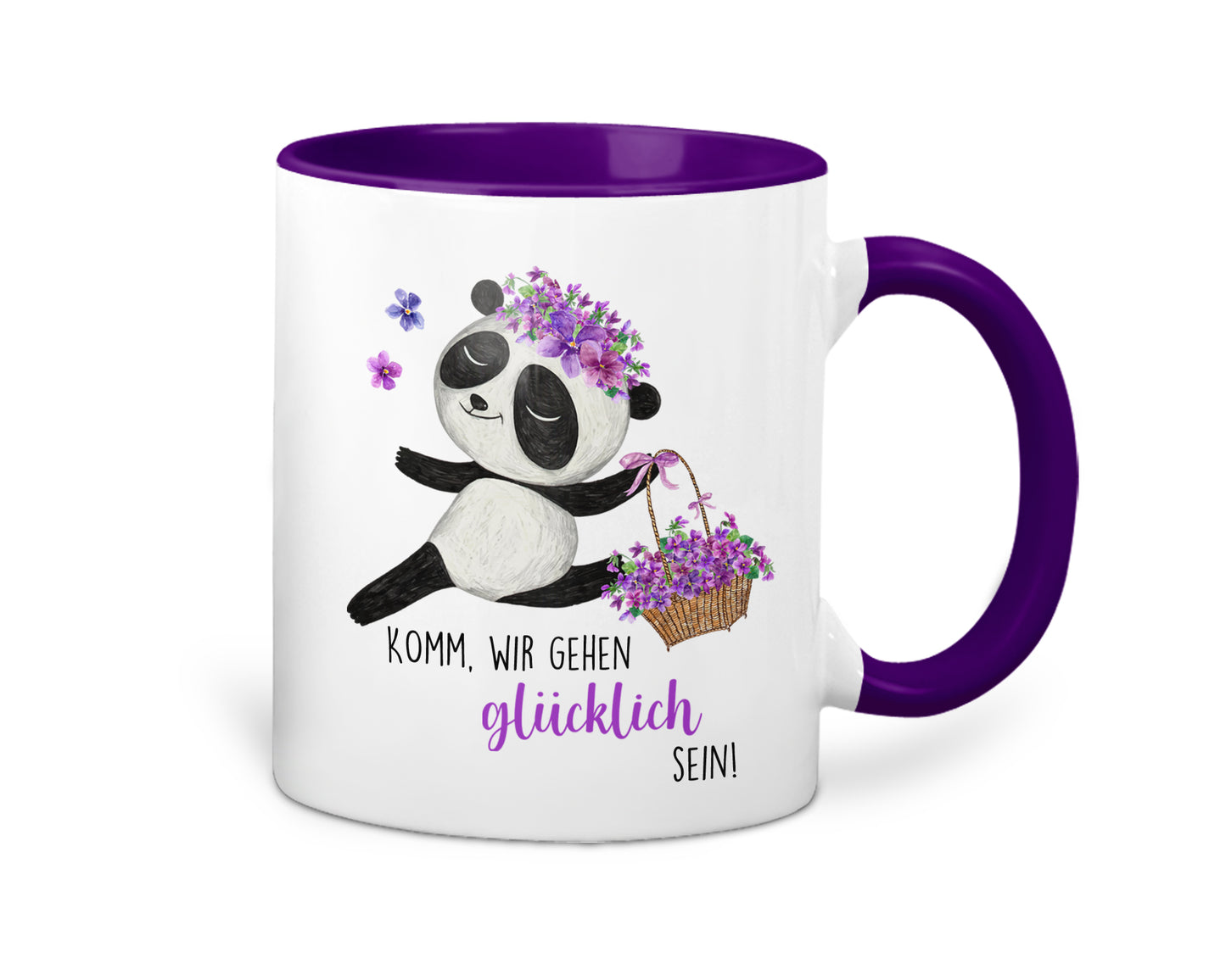 Kaffeetasse mit Panda und Spruch Komm wir gehen glücklich sein