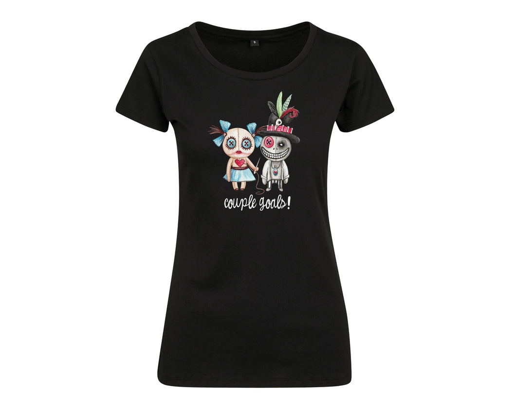Damen Fun T-Shirt mit Voodoo Puppen Paar und Spruch couple goals