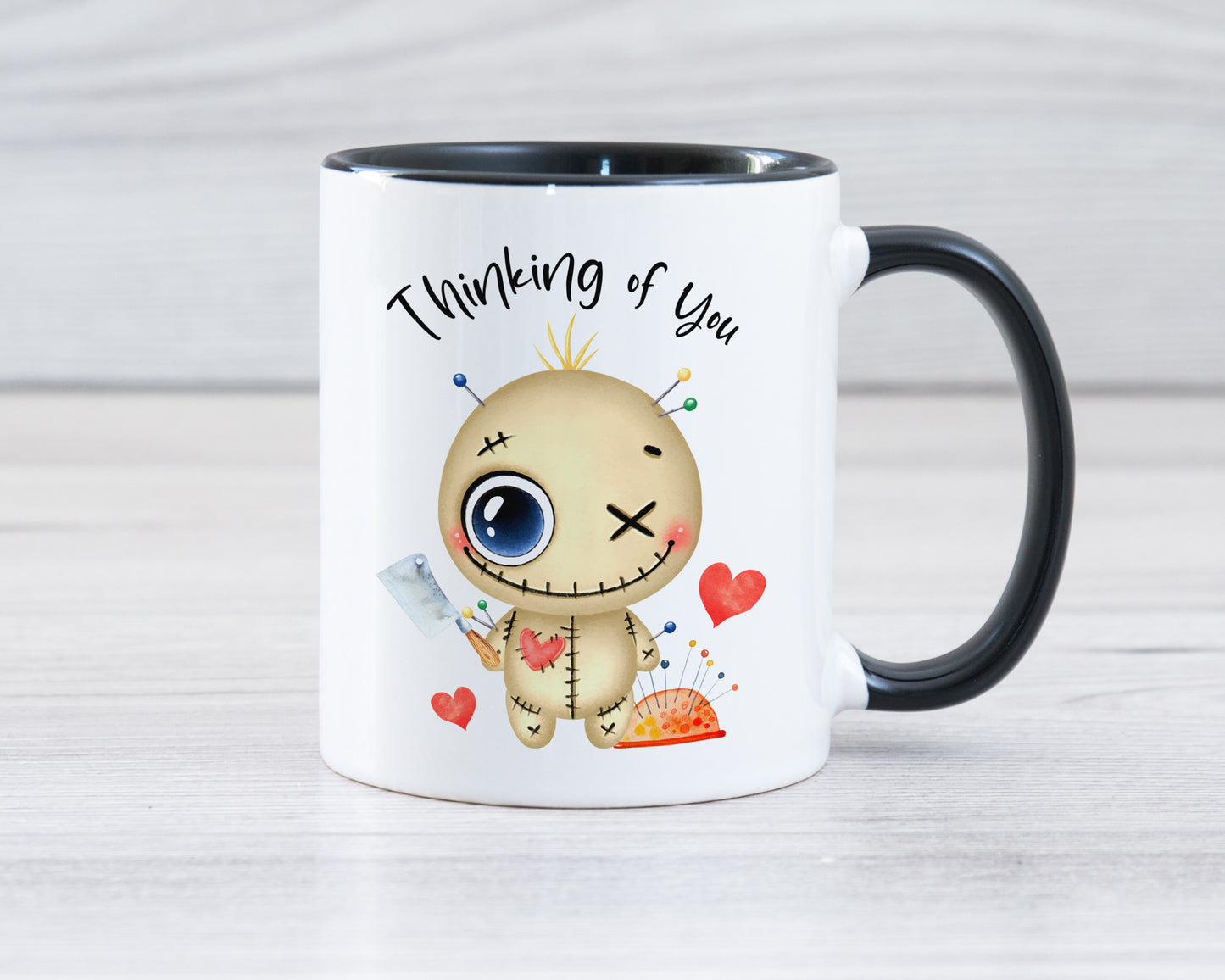 Lustige Kaffeetasse Voodoo Puppe mit Spruch Thinking of you