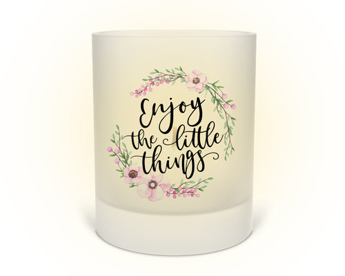 Windlicht Teelichthalter mit Blumen und Spruch Enjoy the little things - Tachinedas Kreativshop