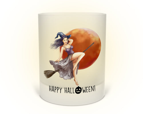 Windlicht Teelichthalter mit Motiv und Spruch Happy Halloween - Tachinedas Kreativshop