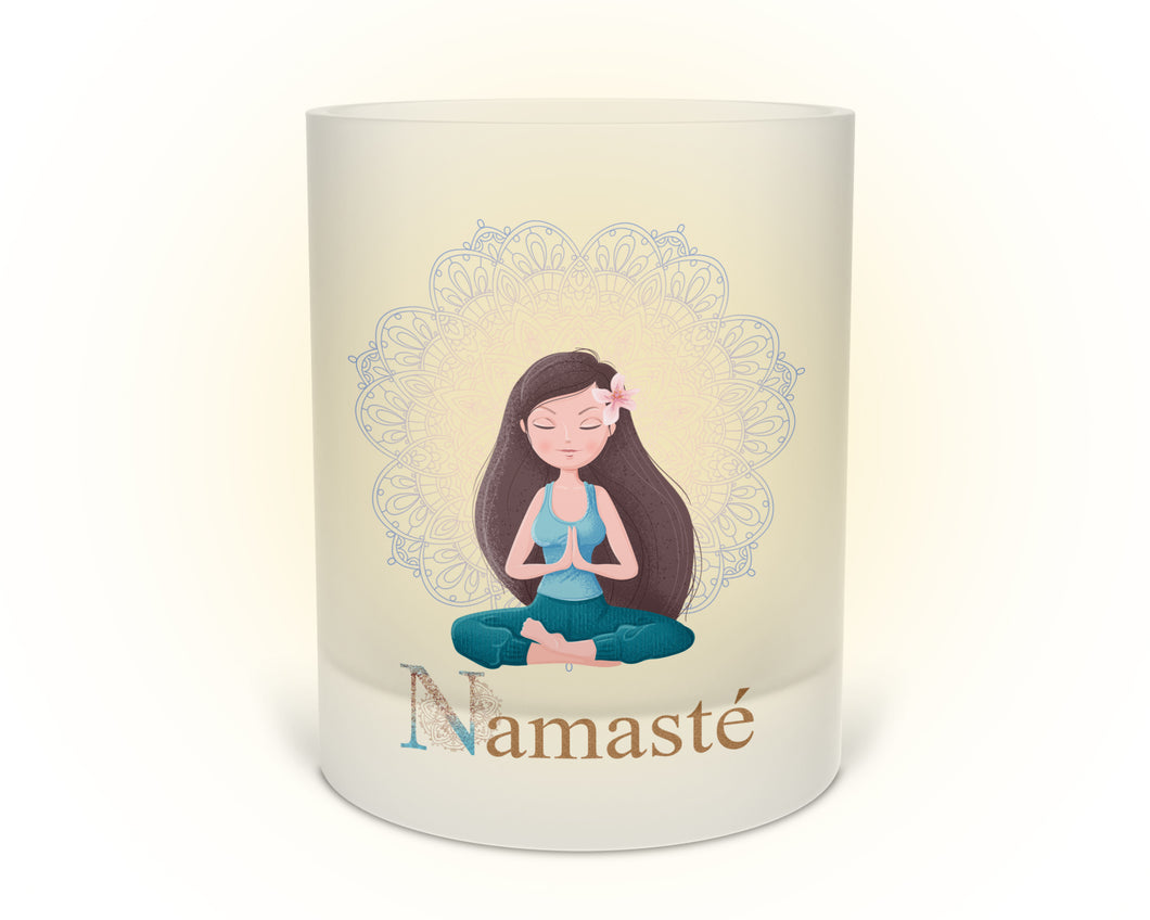 Windlicht Teelichthalter mit Meditation Yoga Motiv und Spruch Namaste - Tachinedas Kreativshop